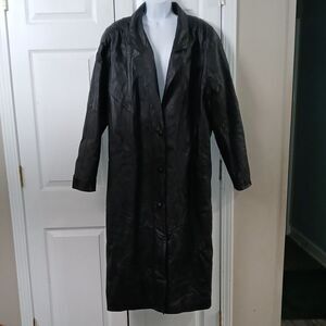 Liz Baker vintage Essentials black long leather trench coat Sz XLx